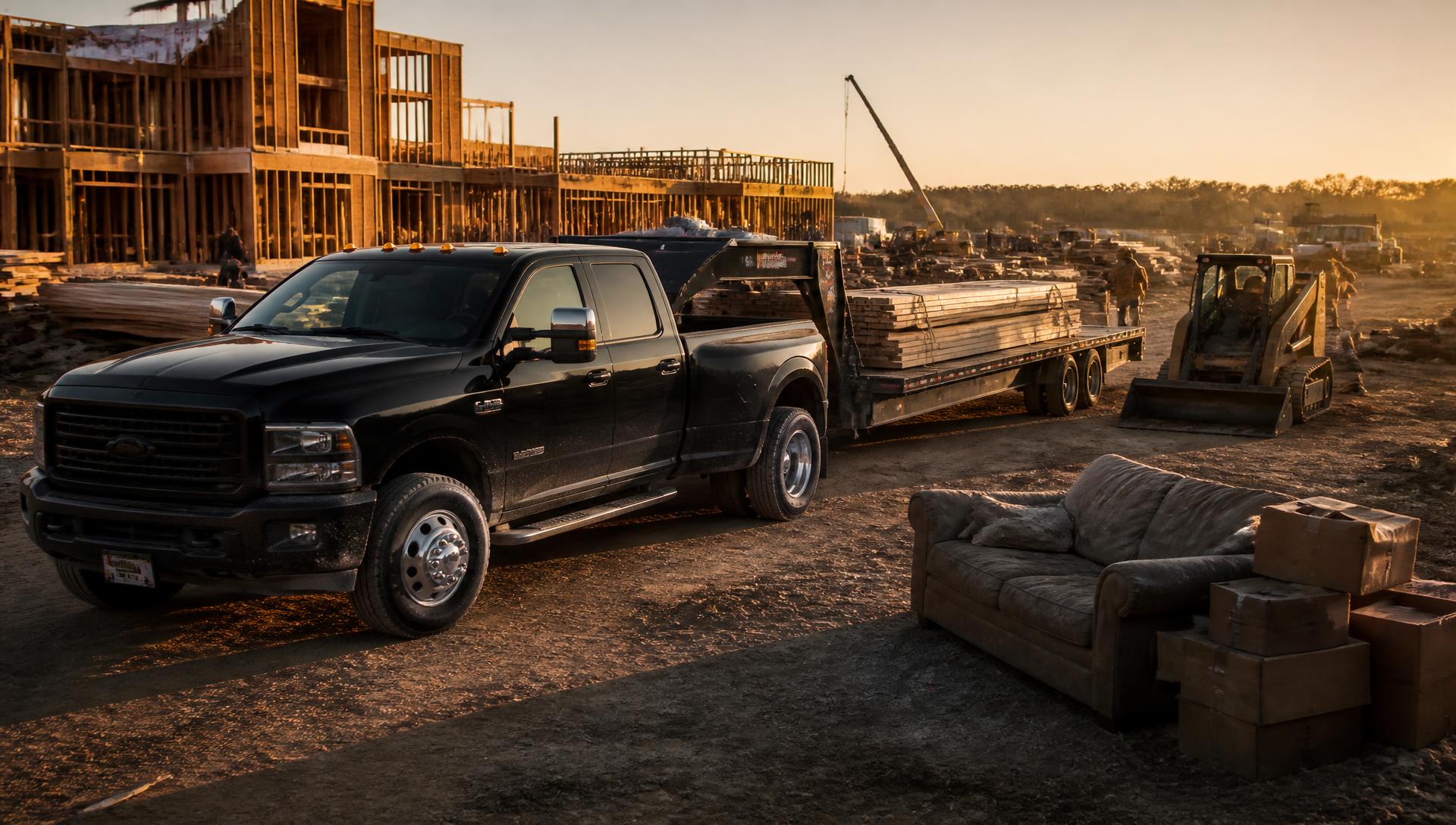 Black dually pickup with a flatbed trailer of lumber at a golden-hour construction jobsite, with an old couch and cardboard boxes sitting off to the side