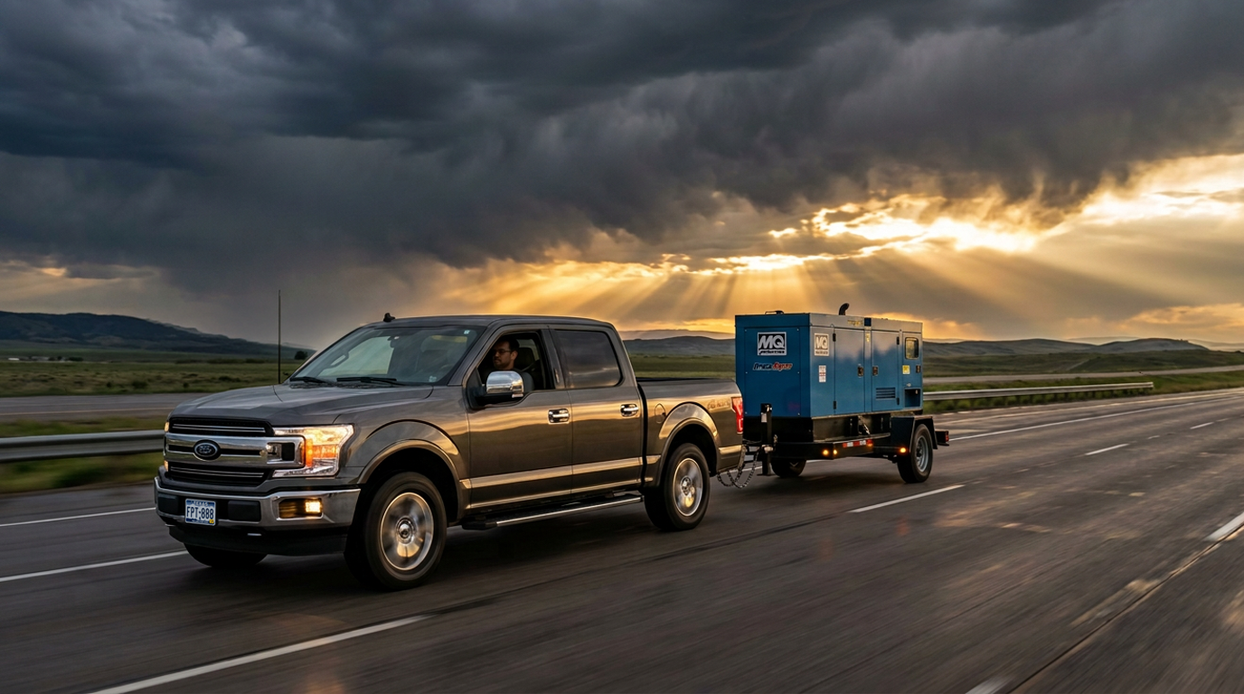 Ford F-150 pickup towing a generator on a highway as dark storm clouds gather overhead with golden-hour sun breaking through