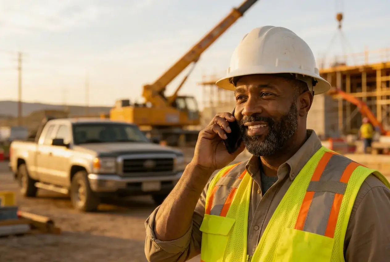 Construction site foreman taking a call at a busy jobsite