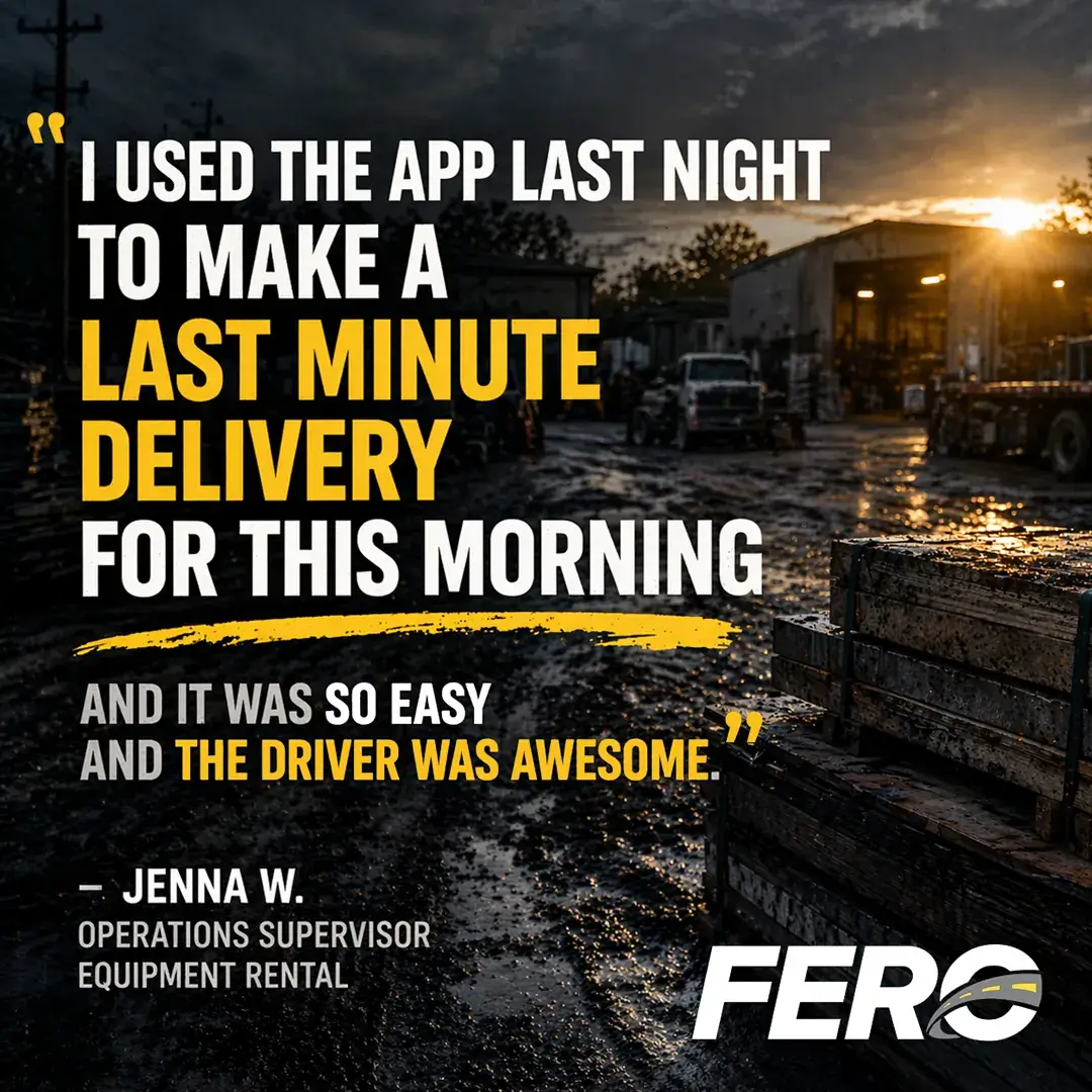 I used the App last night to make a last minute delivery for this morning and it was so easy and the driver was awesome., Jenna W., Operations Supervisor, Equipment Rental