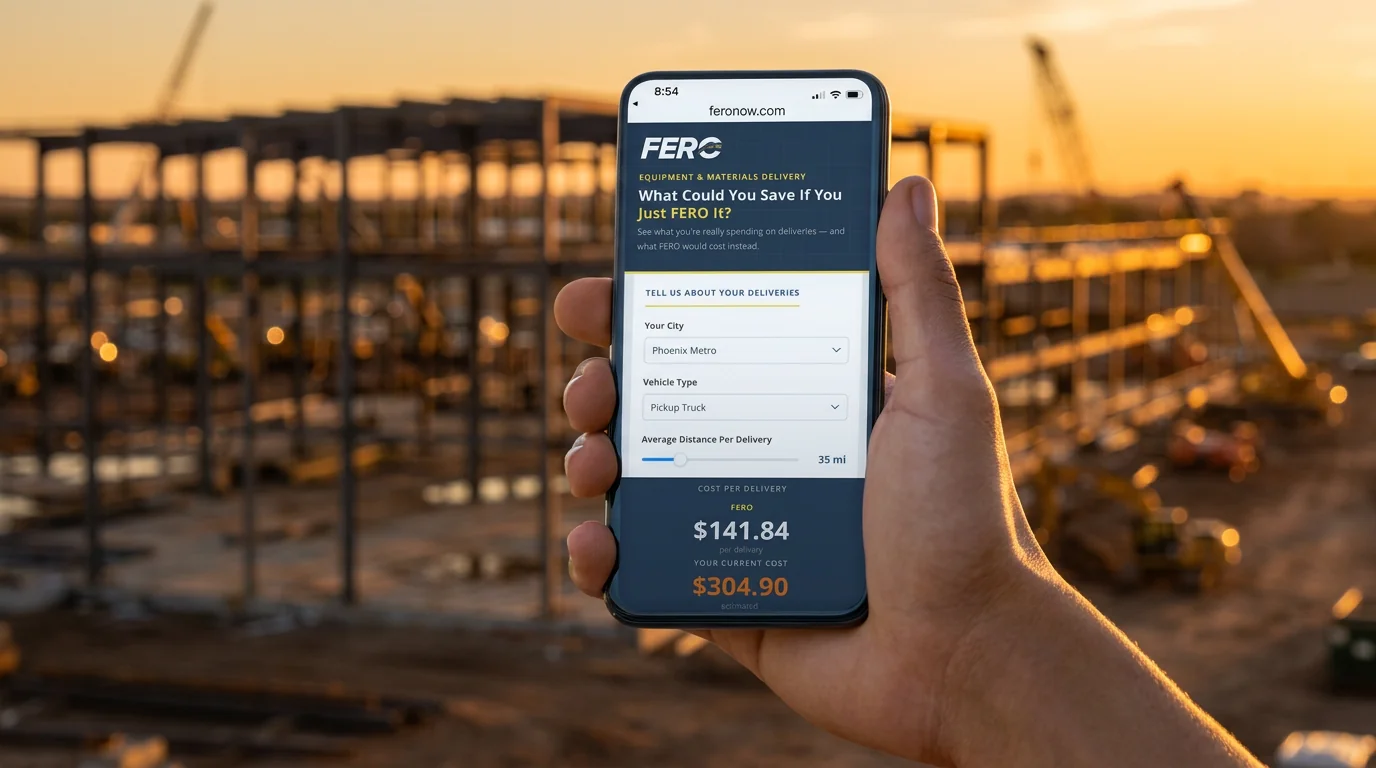 FERO cost calculator on mobile showing $141.84 FERO delivery cost vs $304.90 internal cost estimate for a 35-mile Phoenix Metro pickup truck delivery