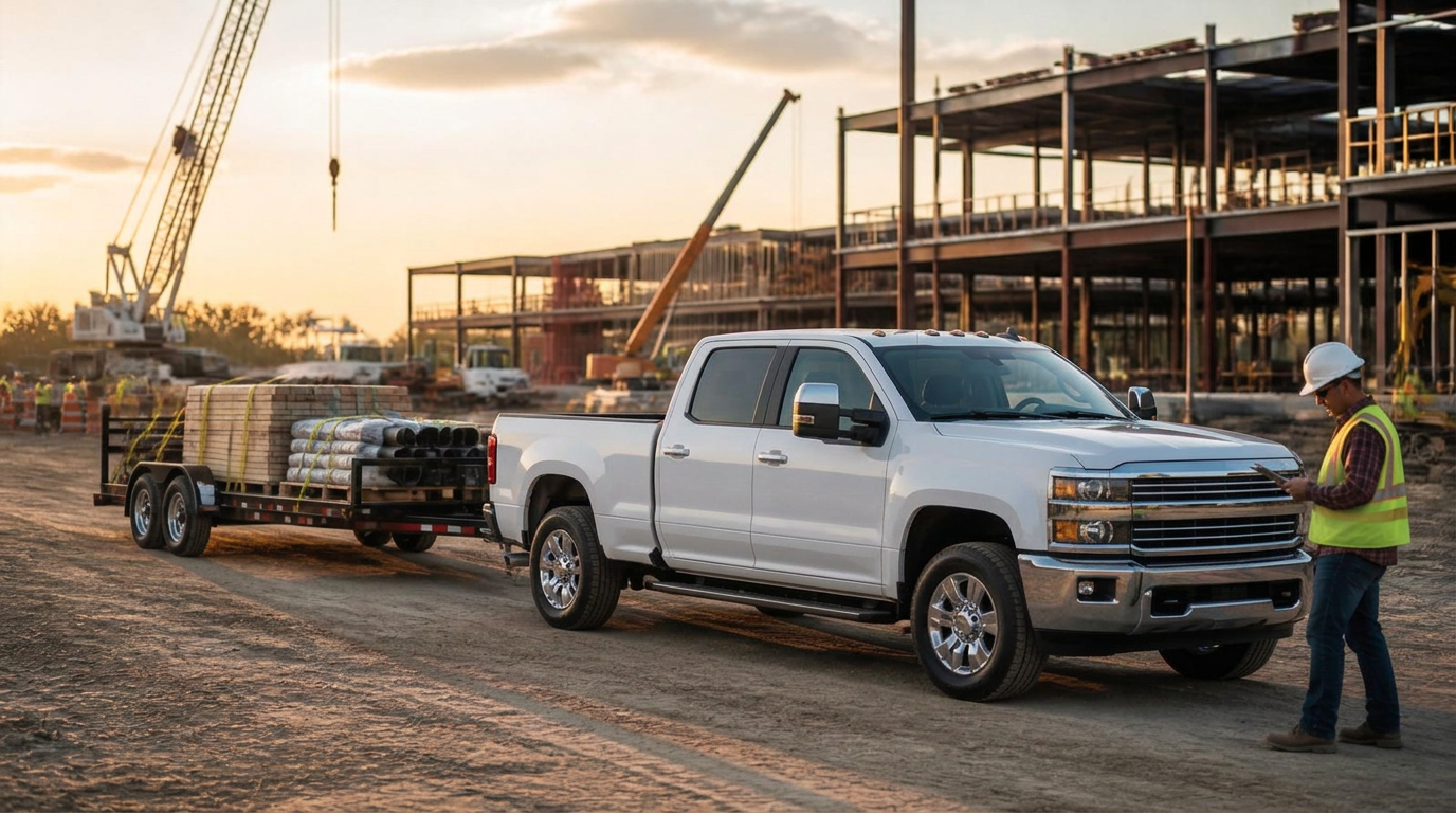 Late-model pickup truck with loaded utility trailer staged at a construction jobsite while a foreman reviews a schedule
