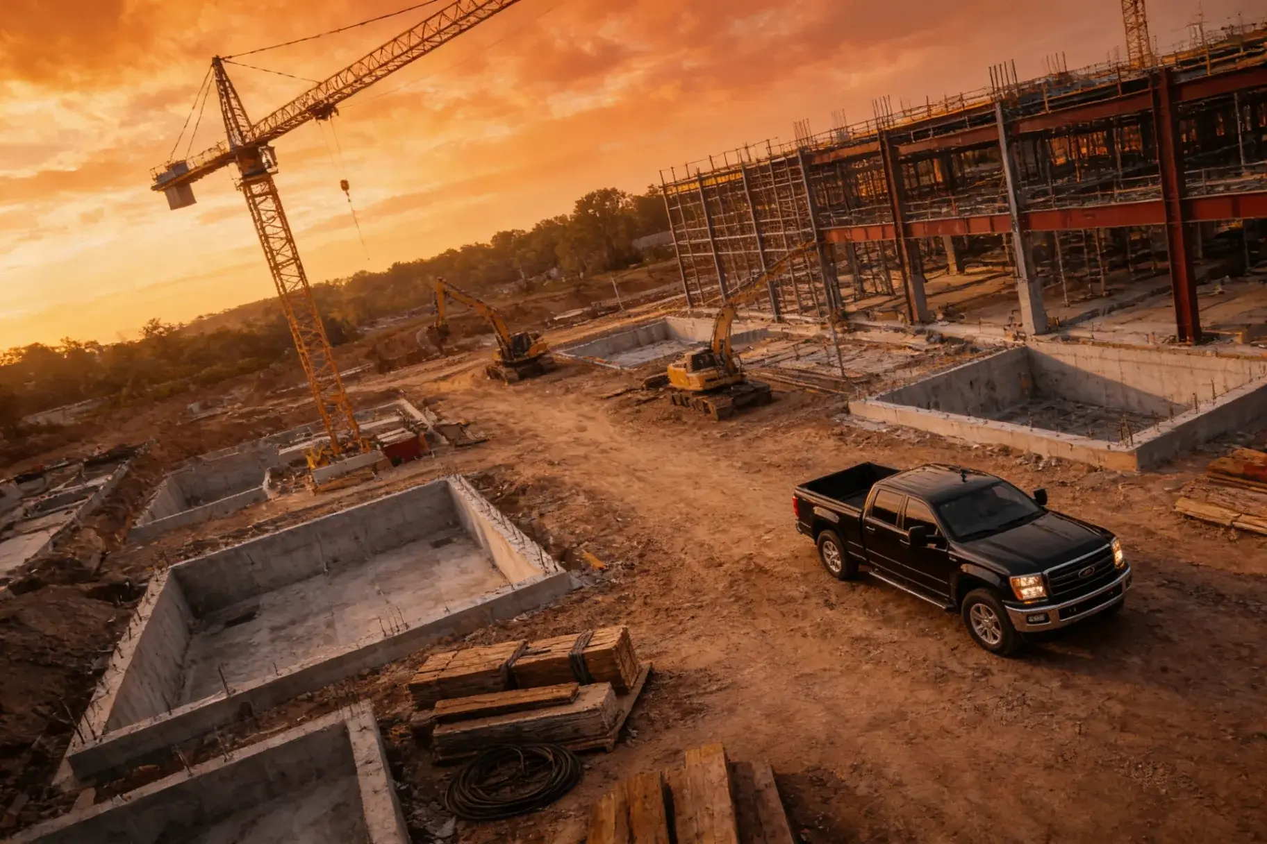 Aerial view of multiple black pickup trucks hauling equipment trailers across a large active construction site at golden hour