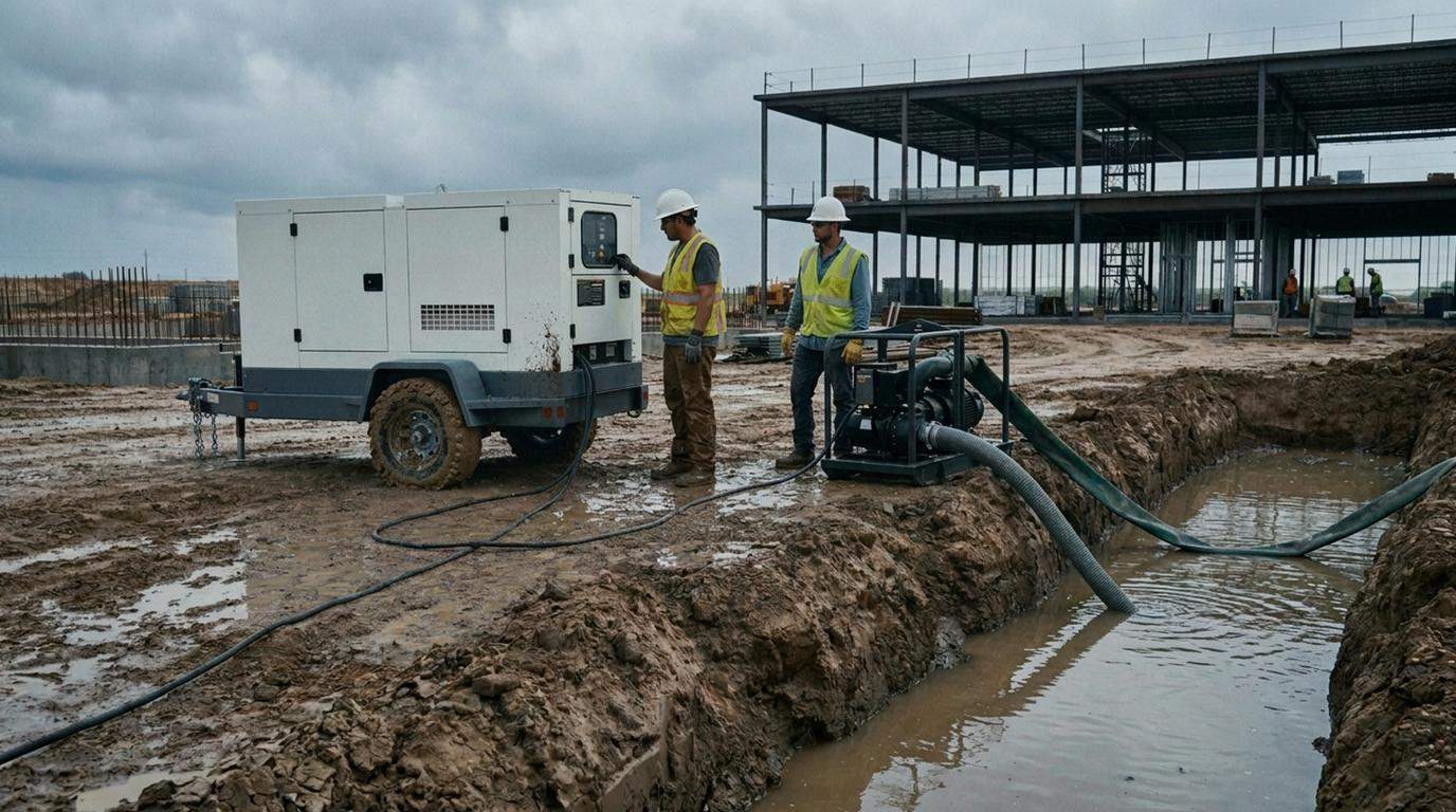 Two construction workers in hard hats and safety vests beside a towable generator on a muddy jobsite, running a trench pump.