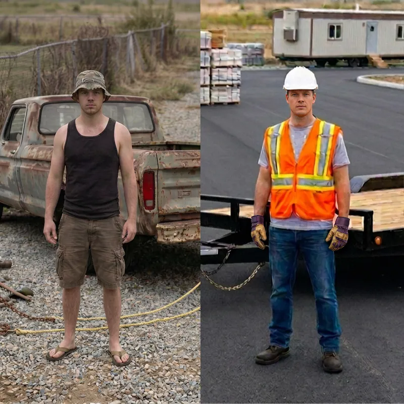 Side-by-side comparison: on the left an unvetted driver in a tank top and sandals beside a rusted pickup and a bare utility trailer on gravel; on the right a vetted FERO Hauler in a hard hat, hi-vis vest, gloves and work boots beside a clean pickup and properly chained trailer at an active jobsite
