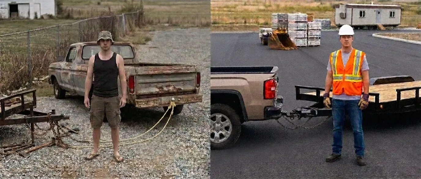 Side-by-side comparison: on the left an unvetted driver in a tank top and sandals beside a rusted pickup and a bare utility trailer on gravel; on the right a vetted FERO Hauler in a hard hat, hi-vis vest, gloves and work boots beside a clean pickup and properly chained trailer at an active jobsite