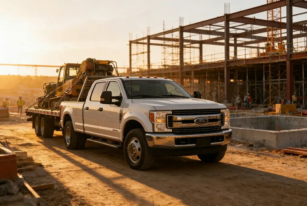 White Ford Super Duty pickup with flatbed trailer hauling construction equipment to an active jobsite at golden hour