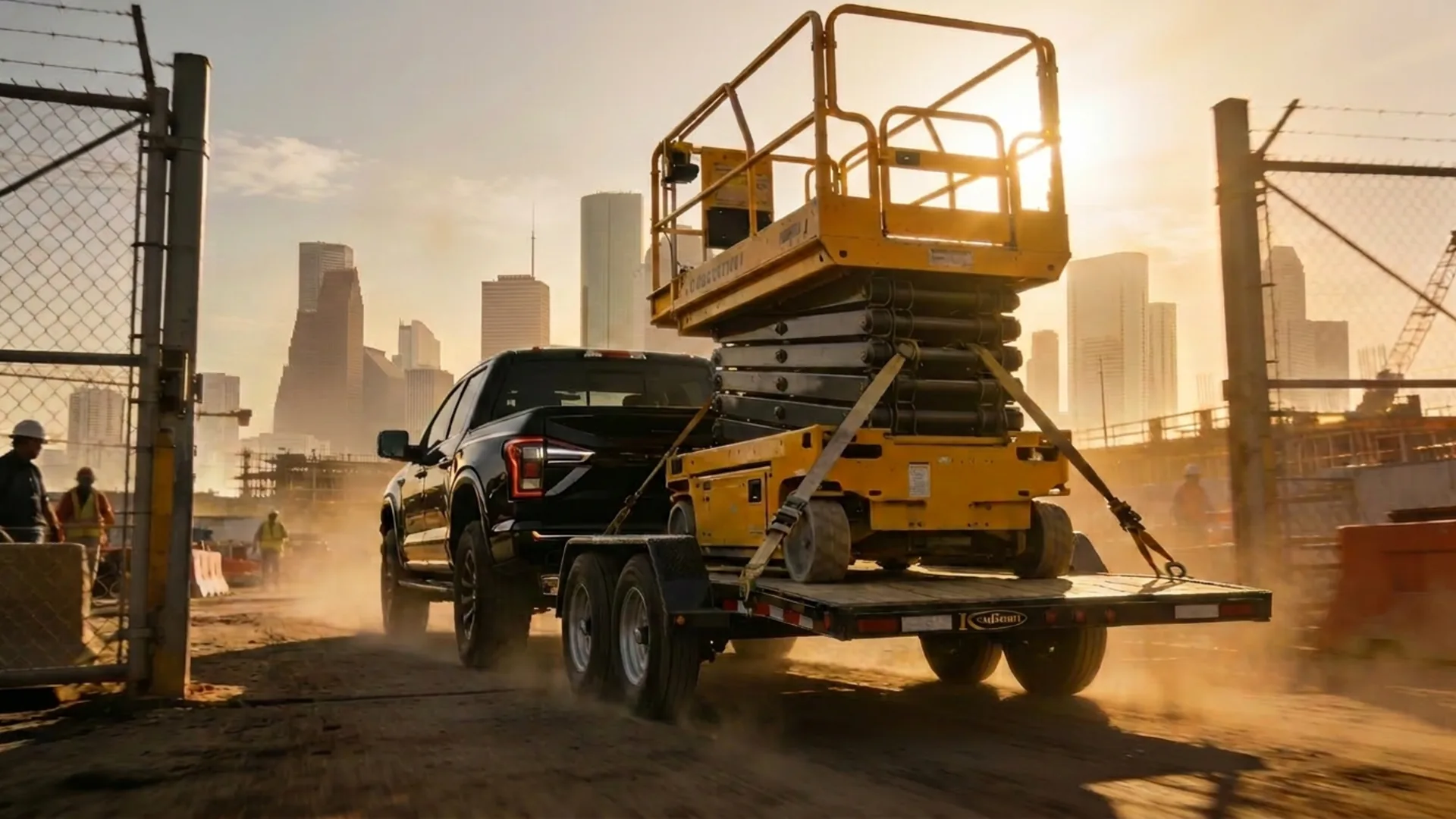 Black pickup hauling a yellow scissor lift on a flat deck trailer leaving a Houston jobsite at golden hour