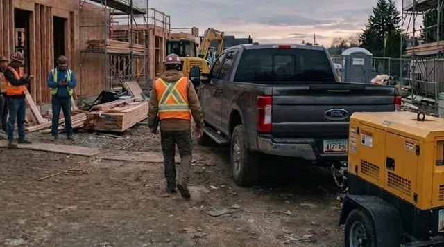 A construction worker in a hard hat and hi-vis vest walking away from his crew toward a parked pickup truck at a wood-framed jobsite at dusk, with a generator and excavator nearby
