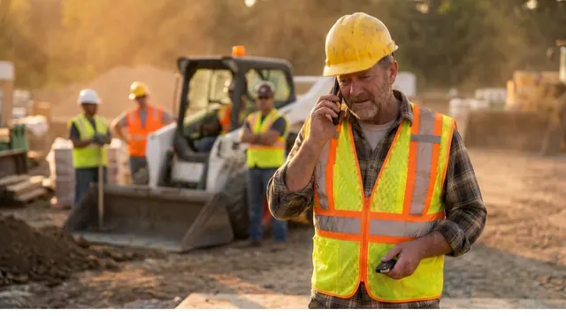 A construction foreman in a hard hat and hi-vis vest on the phone at a jobsite, expression reluctant, with his crew and a skid steer blurred in the background at golden hour