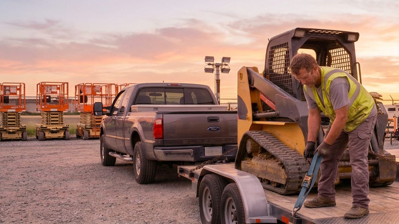 A Hauler in a hi-vis vest tightens a ratchet strap on a skid steer chained to a flatbed trailer behind a pickup at a rental yard.