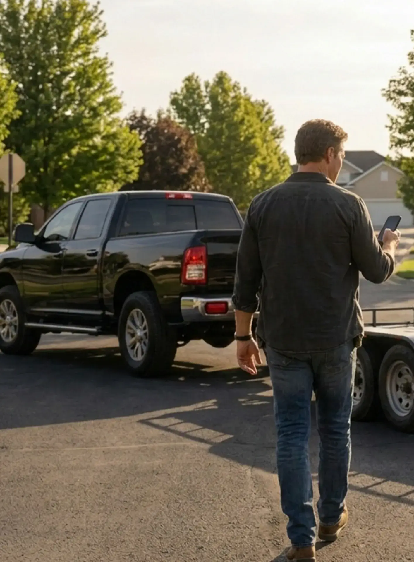 FERO Hauler walking to his pickup truck and trailer at start of the work day