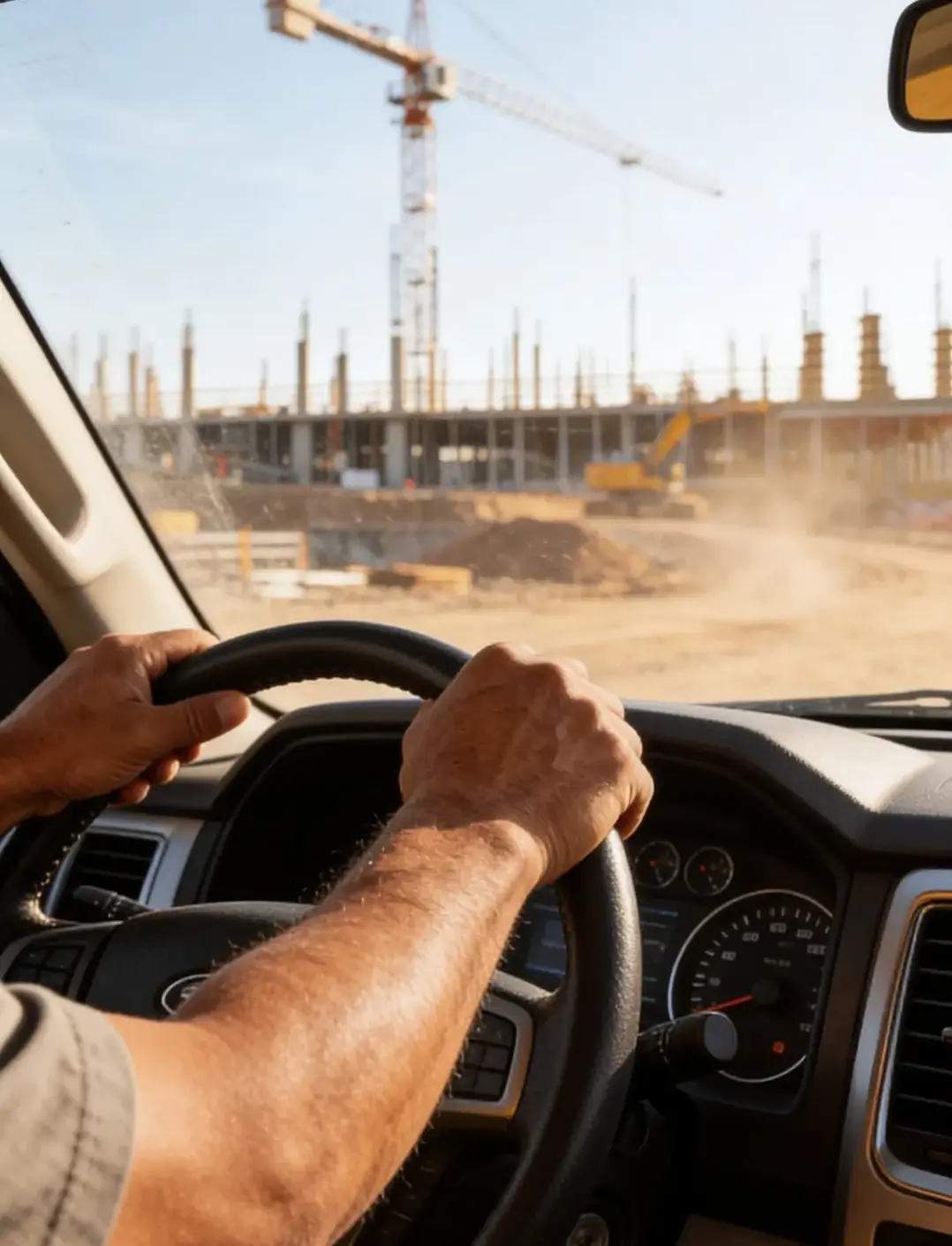 FERO Hauler driving toward an active construction site at sunrise