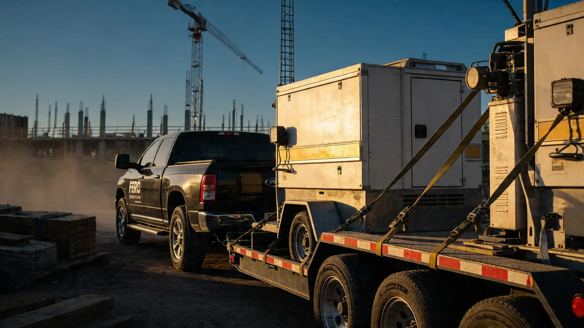 Independent Hauler with pickup truck and trailer ready for a construction load, FERO on-demand construction hauling