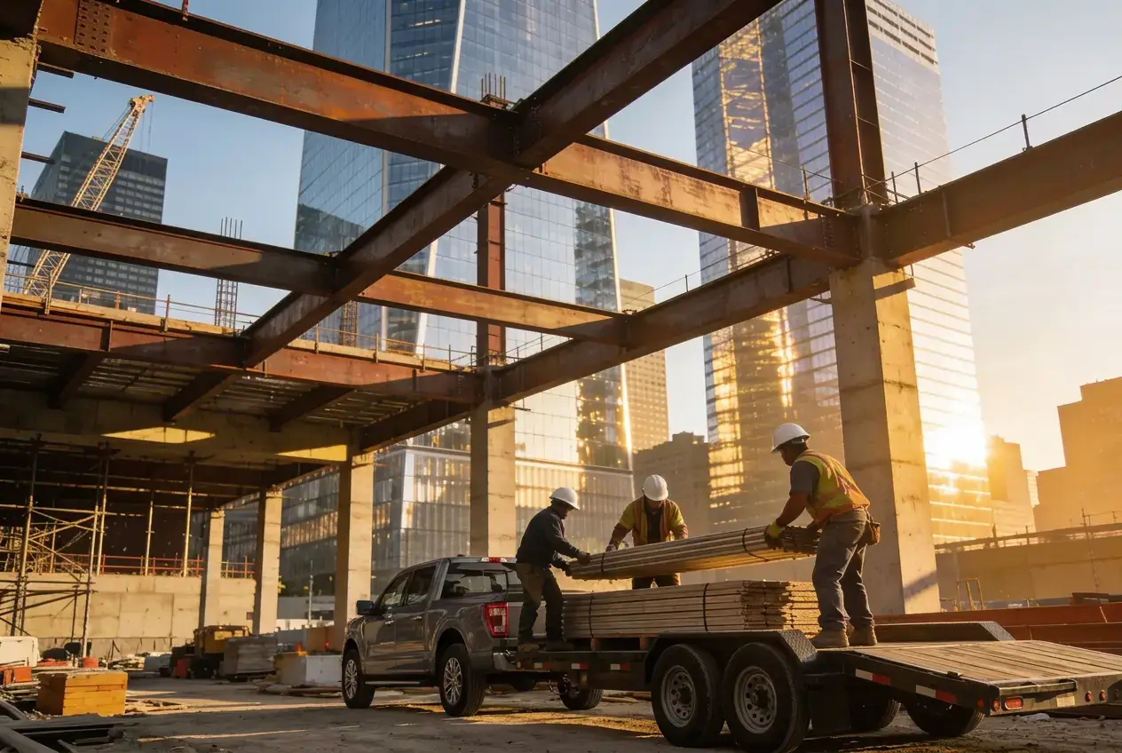 Commercial construction delivery, materials staged at an active commercial build site