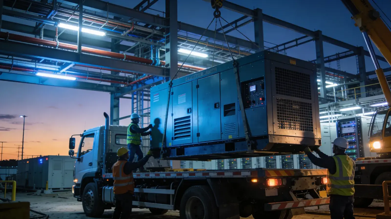 Data center construction delivery, generators and electrical equipment on flatbed