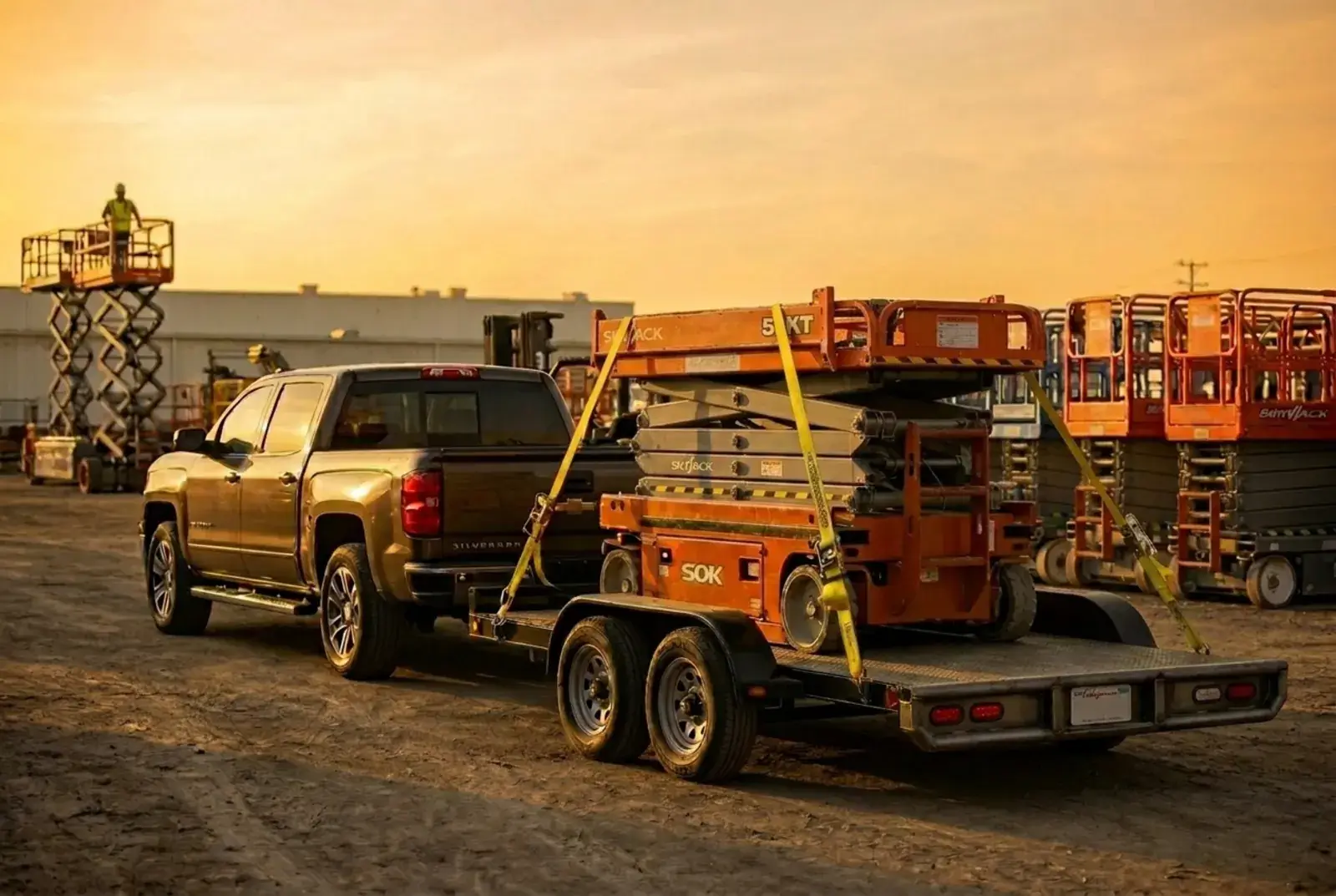 Equipment rental delivery, scissor lift loaded onto a Hauler trailer