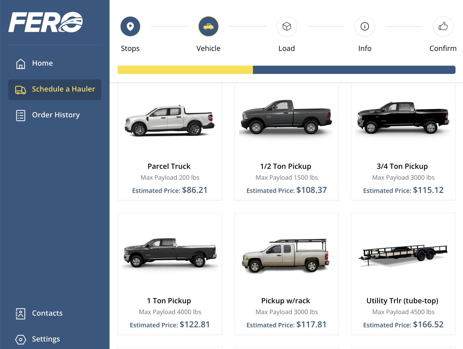 FERO pricing grid showing rates by vehicle type and haul distance