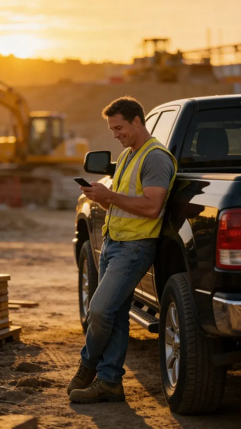 FERO Hauler in hi-vis vest leaning against a black pickup truck at golden hour, smiling at his phone
