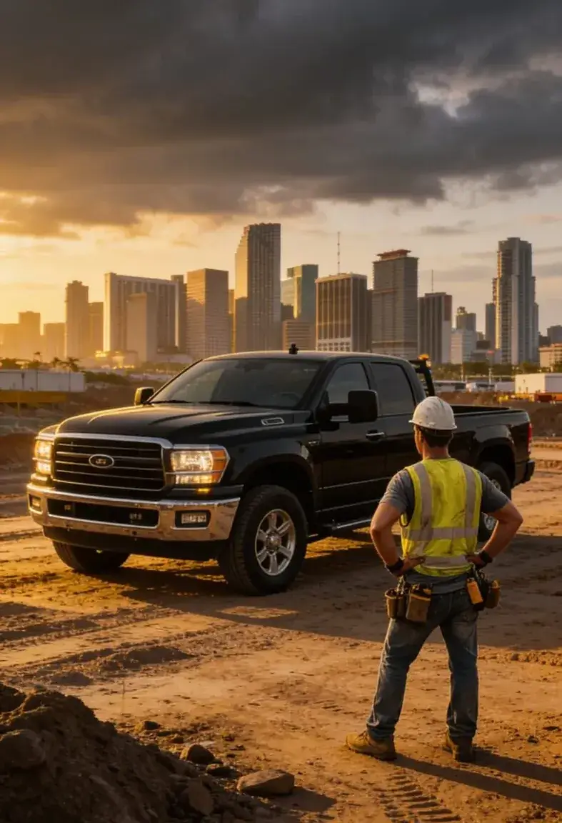 FERO Hauler in hard hat and hi-vis vest in front of black pickup at golden hour with city skyline