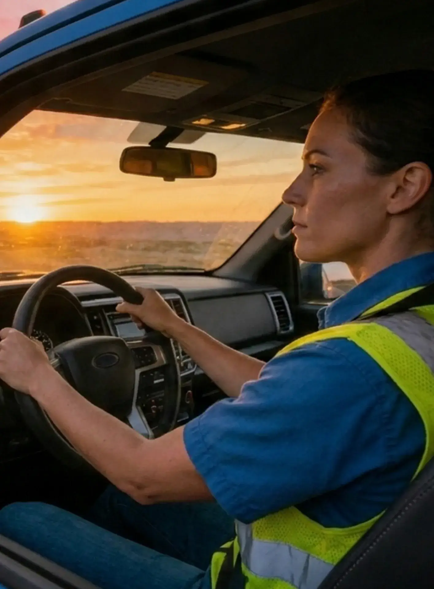 Female FERO Hauler driving at sunset in hi-vis safety vest