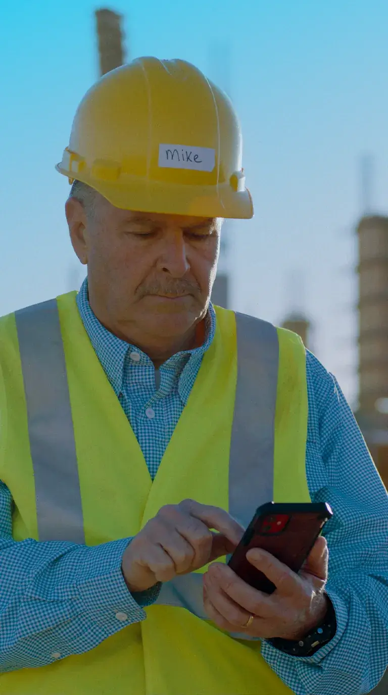 Construction foreman Mike in yellow hard hat and hi-vis vest using smartphone on a jobsite